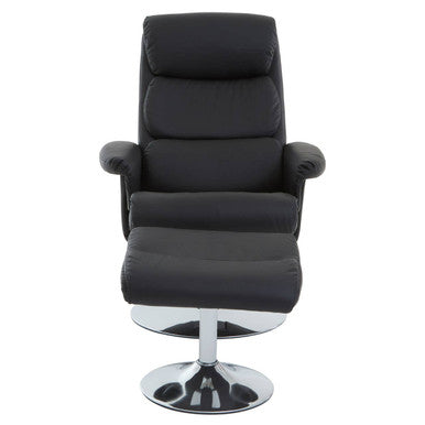 Denton black leather effect reclining chair with matching ottoman on chrome swivel base for comfort and style