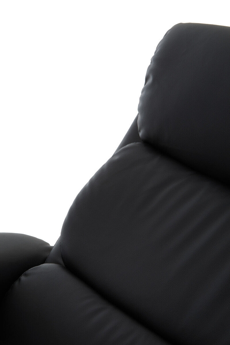 Denton black leather effect reclining chair with plush segmented cushioning and matching footstool for comfort