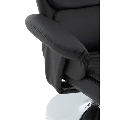 Denton black leather effect reclining chair with footstool featuring sleek black leather effect and chrome base