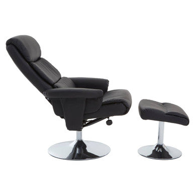 Denton black leather effect reclining chair with chrome base and matching footstool ottoman set