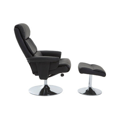Denton black leather effect reclining chair with chrome swivel base and matching ottoman footstool