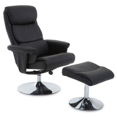 Black leather effect reclining chair and matching footstool with chrome pedestal base denton leather effect recliner