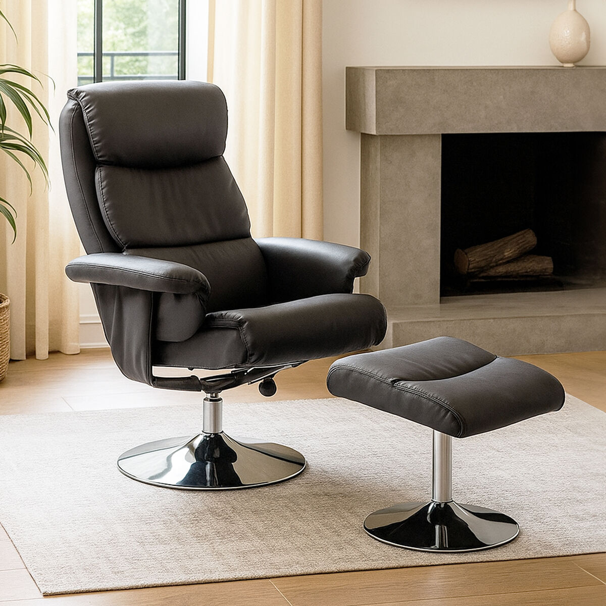 Black leather effect reclining chair with matching ottoman and chrome pedestal bases in denton grey style