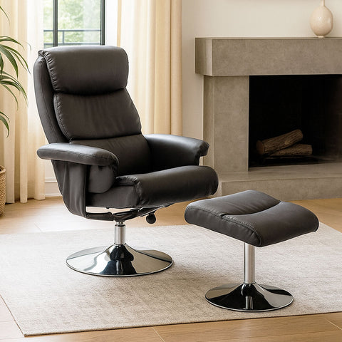 Black leather effect reclining chair with matching ottoman and chrome pedestal bases in denton grey style