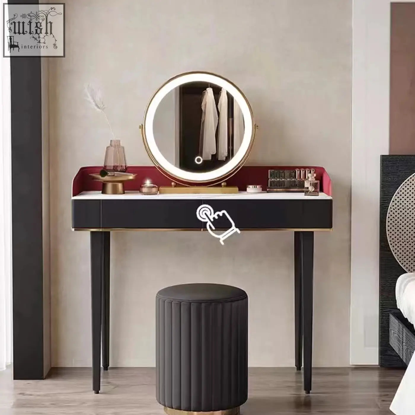 Black and red denver dressing table with round illuminated mirror perfect for stylish makeup and grooming area