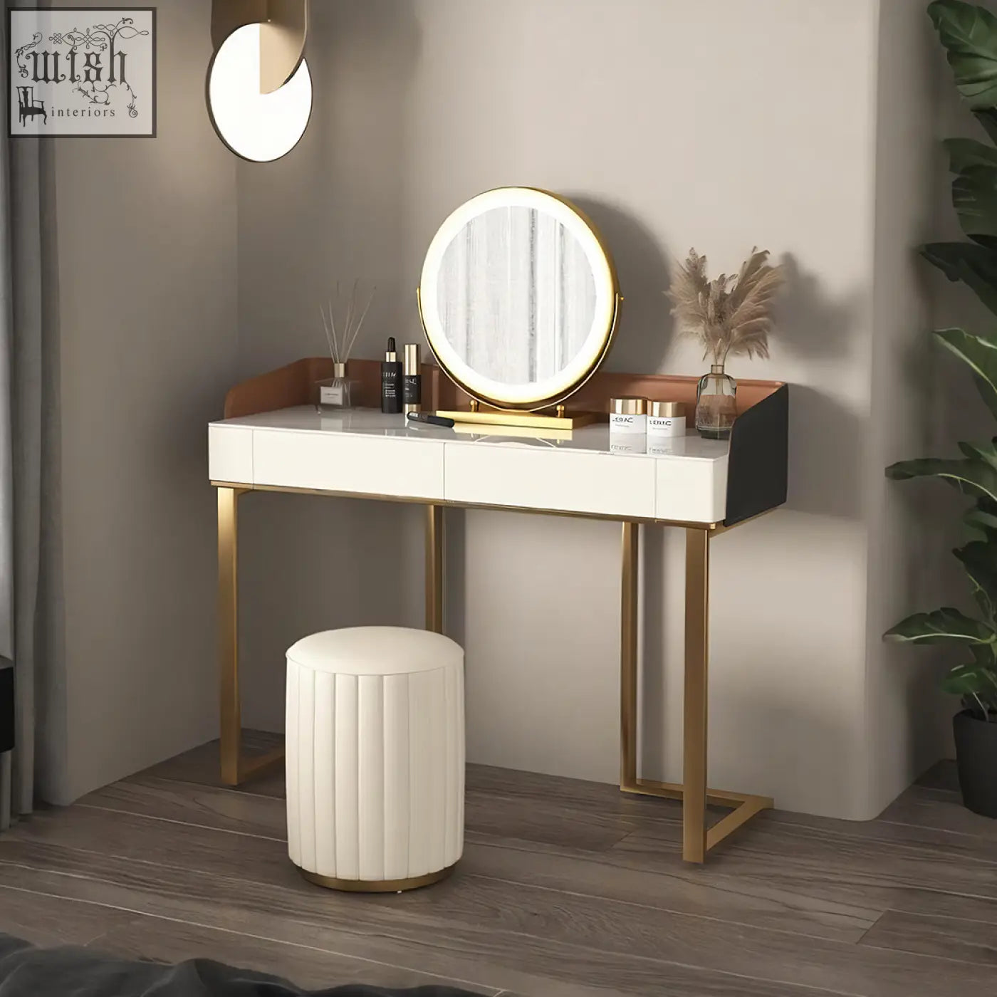 Modern white denver dressing table with gold metal legs and round illuminated mirror perfect for makeup and styling