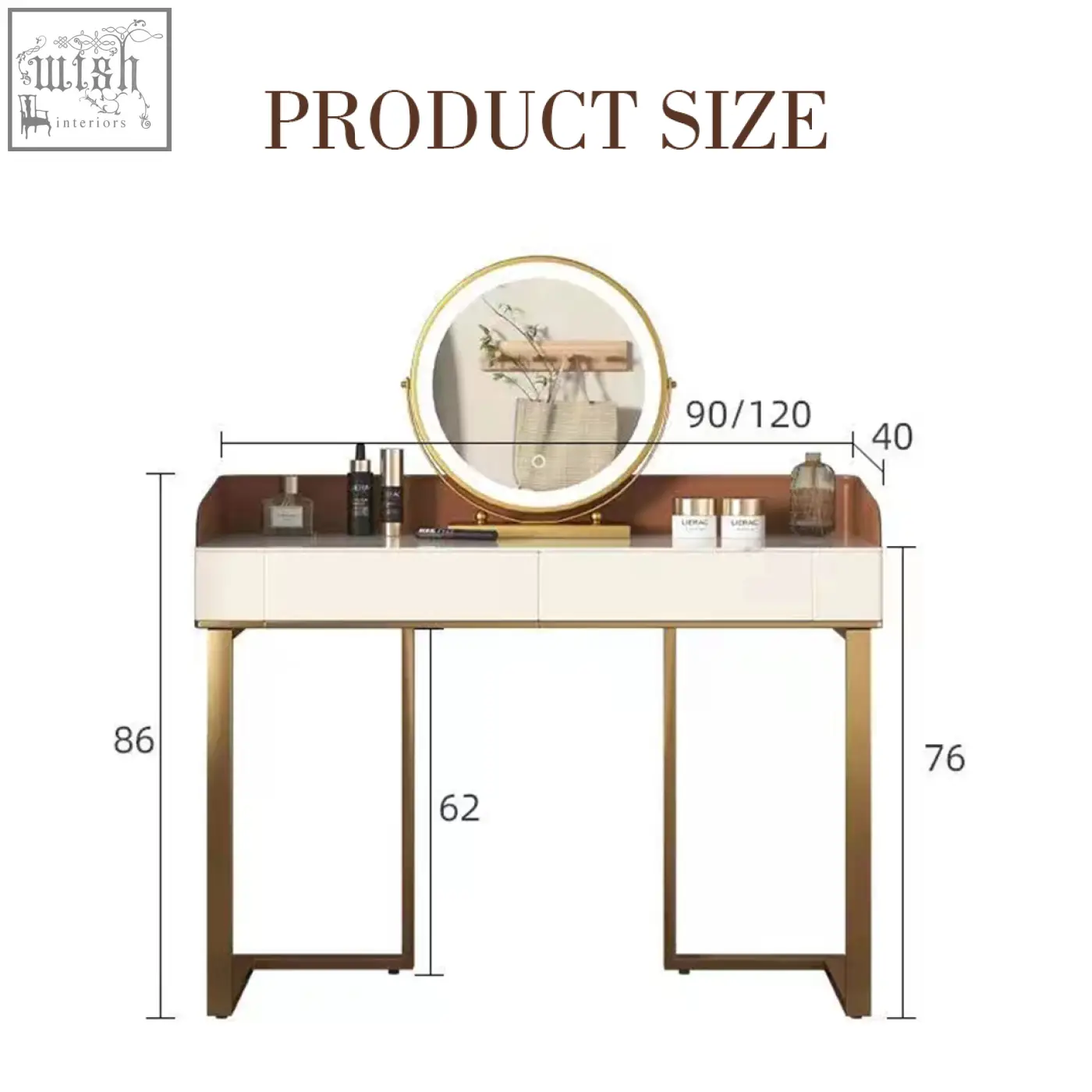 Modern denver dressing table with round gold-framed mirror white lacquer top and slender brass legs