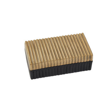 Small gold and black trinket box with a rectangular shape and gold ribbed top black trinket box base