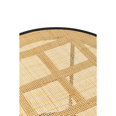 Beige woven rattan tray with black rim on depok rattan and metal round side table for stylish storage