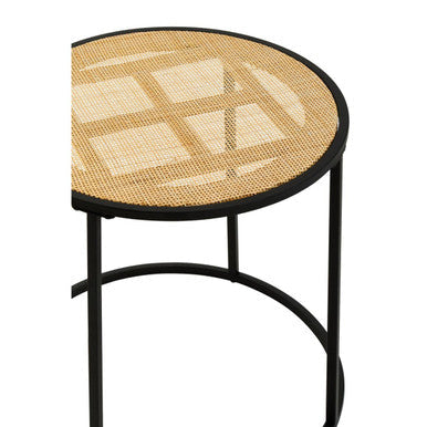 Black metal round side table with woven natural depok rattan cane top perfect for indoor use