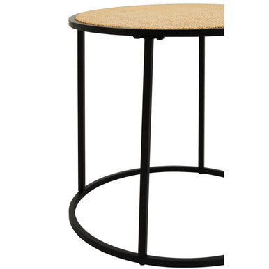 Black metal frame side table with a round woven depok rattan top perfect as a metal round accent table
