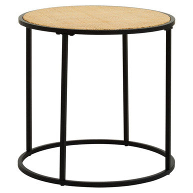 Black metal round side table with woven depok rattan top perfect for stylish living rooms or patios