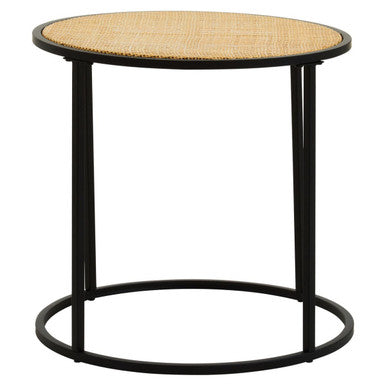 Black metal round side table with a depok rattan woven top perfect for stylish living spaces