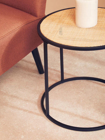 Depok rattan metal round side table with woven natural rattan top and black metal frame for stylish living spaces