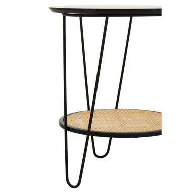 Black metal hairpin legs support a depok rattan side table with white top and woven cane lower shelf