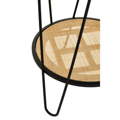 Black metal hairpin legs support a circular depok rattan lower shelf with a geometric woven pattern side table