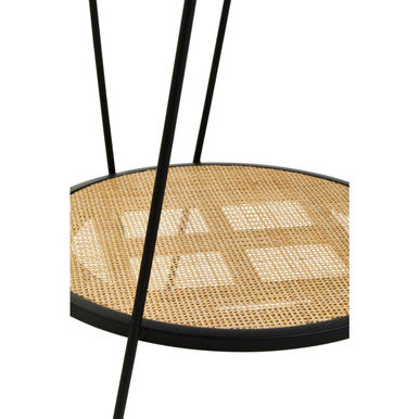 Black metal frame depok rattan side table with hairpin legs woven cane top and lower shelf geometric pattern