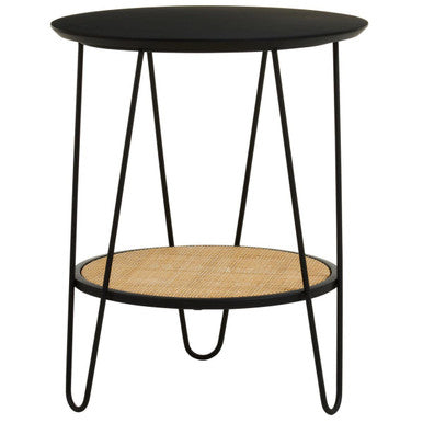 Black metal depok rattan side table with hairpin legs round top and lower woven rattan shelf