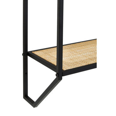 Black metal wall shelf with two tier rattan woven natural fiber shelves for stylish storage display