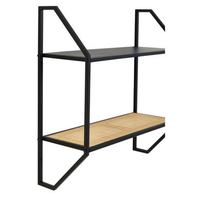 Black metal wall shelf with two tiers featuring a woven cane rattan surface on one shelf for stylish storage