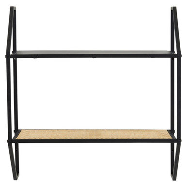 Black metal two tier wall shelf with solid top and woven rattan bottom surface for stylish storage