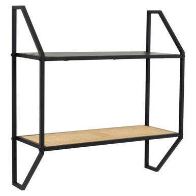 Black metal wall shelf with two tier design featuring a woven rattan surface for stylish storage options