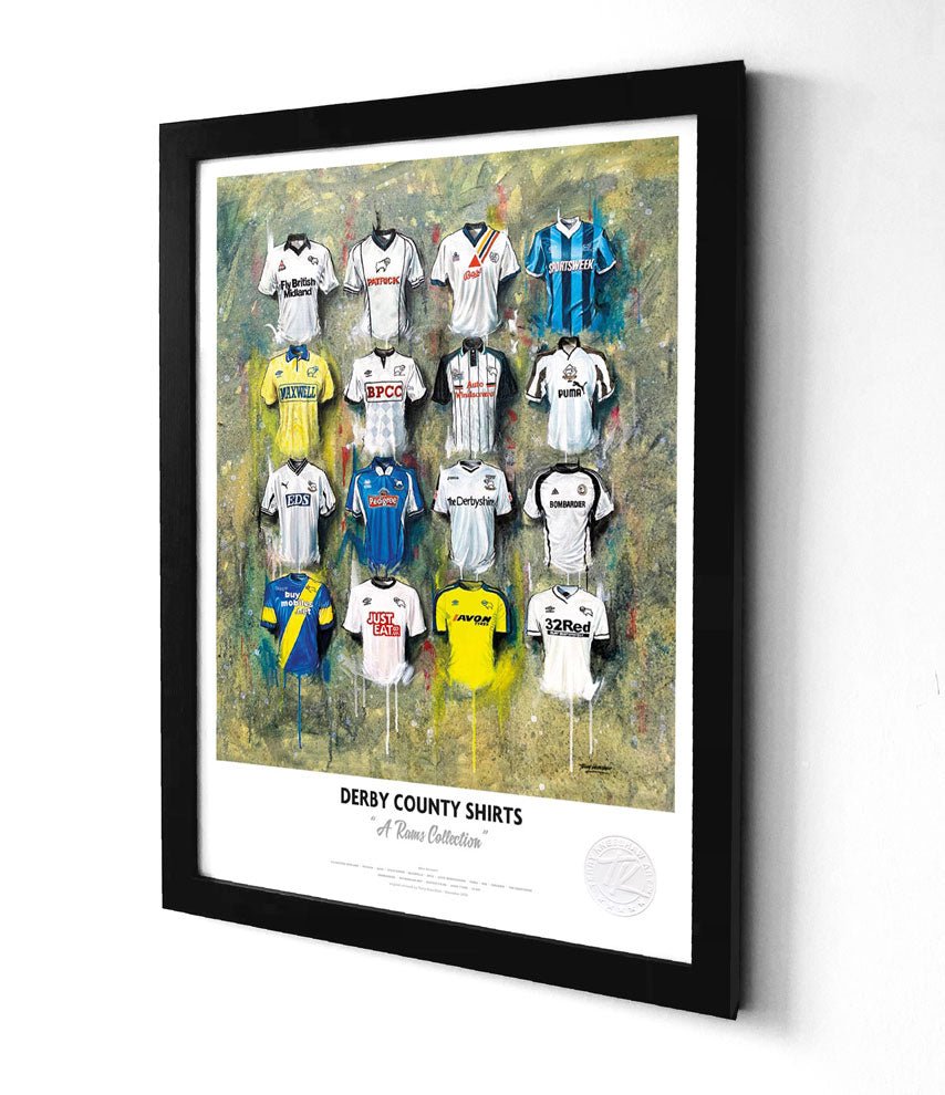 Framed print of derby county iconic rams football shirts in various colors displayed in a sleek black frame