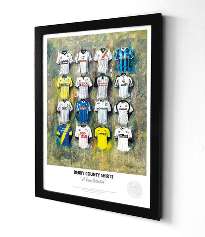 Framed print of derby county iconic rams football shirts in various colors displayed in a sleek black frame
