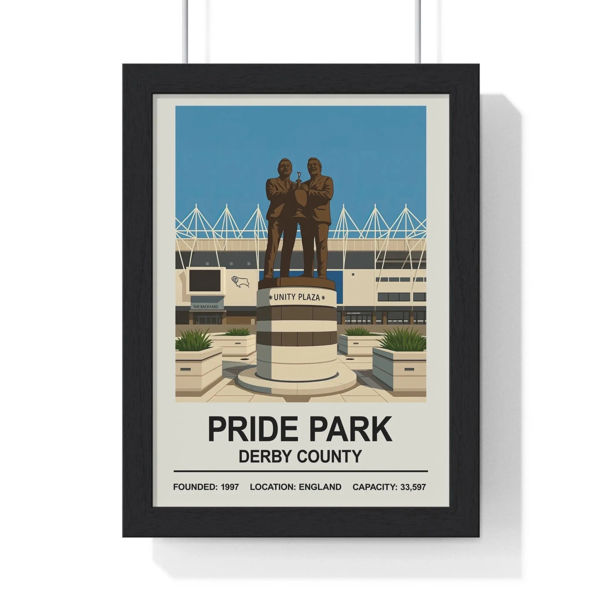 Black-framed poster of stylized bronze statues at pride park stadium derby county print for wall decor