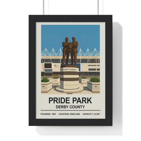 Black-framed poster of stylized bronze statues at pride park stadium derby county print for wall decor