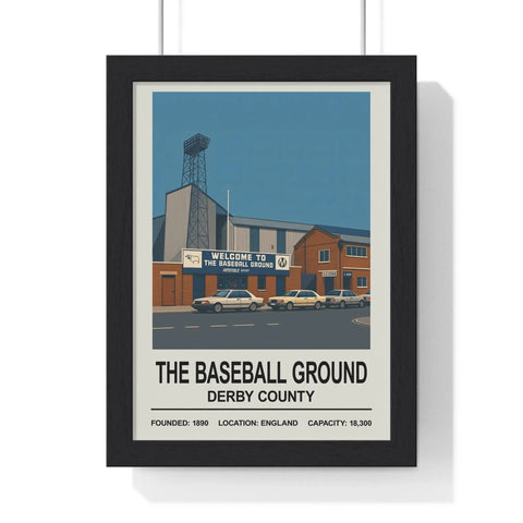 Black-framed derby county baseball ground print showing the stadium with vintage cars parked outside under blue sky
