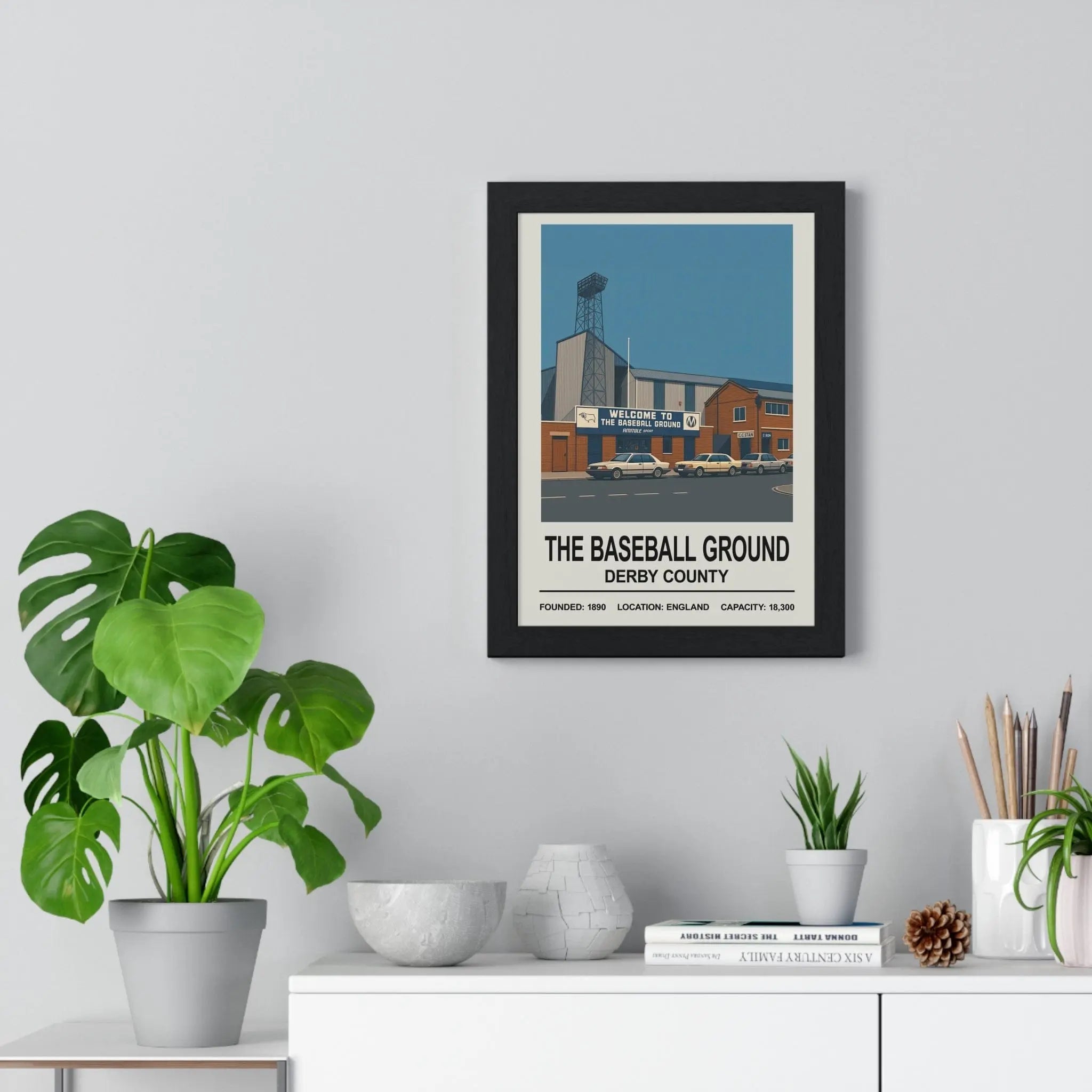 Black-framed derby county baseball ground print in vintage sports illustration style perfect for wall decor