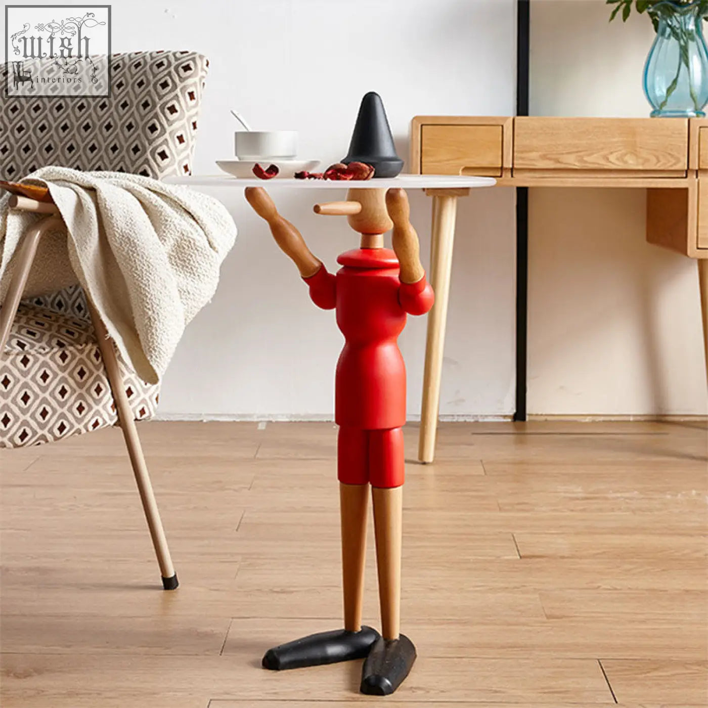 Red and natural wood derby pinocchio puppet solid wood side table with black shoes hat and nose