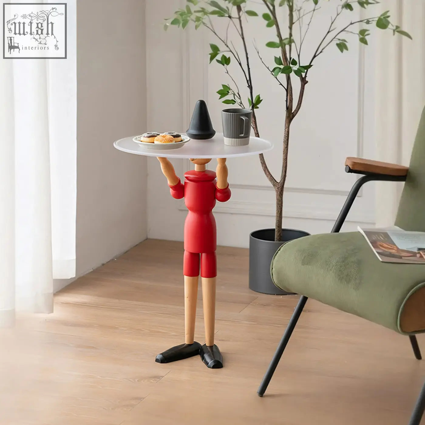 Red solid wood derby pinocchio puppet side table holding a white circular tray with its arms for stylish storage