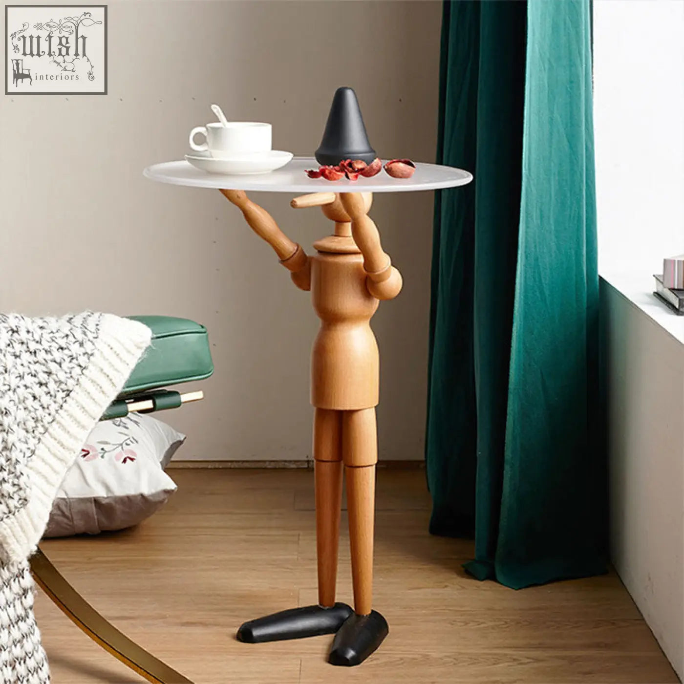 Wooden derby pinocchio puppet side table with solid wood figure, white circular tray, and black cone-shaped top