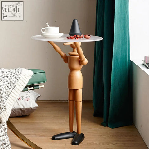 Wooden derby pinocchio puppet side table with solid wood figure, white circular tray, and black cone-shaped top