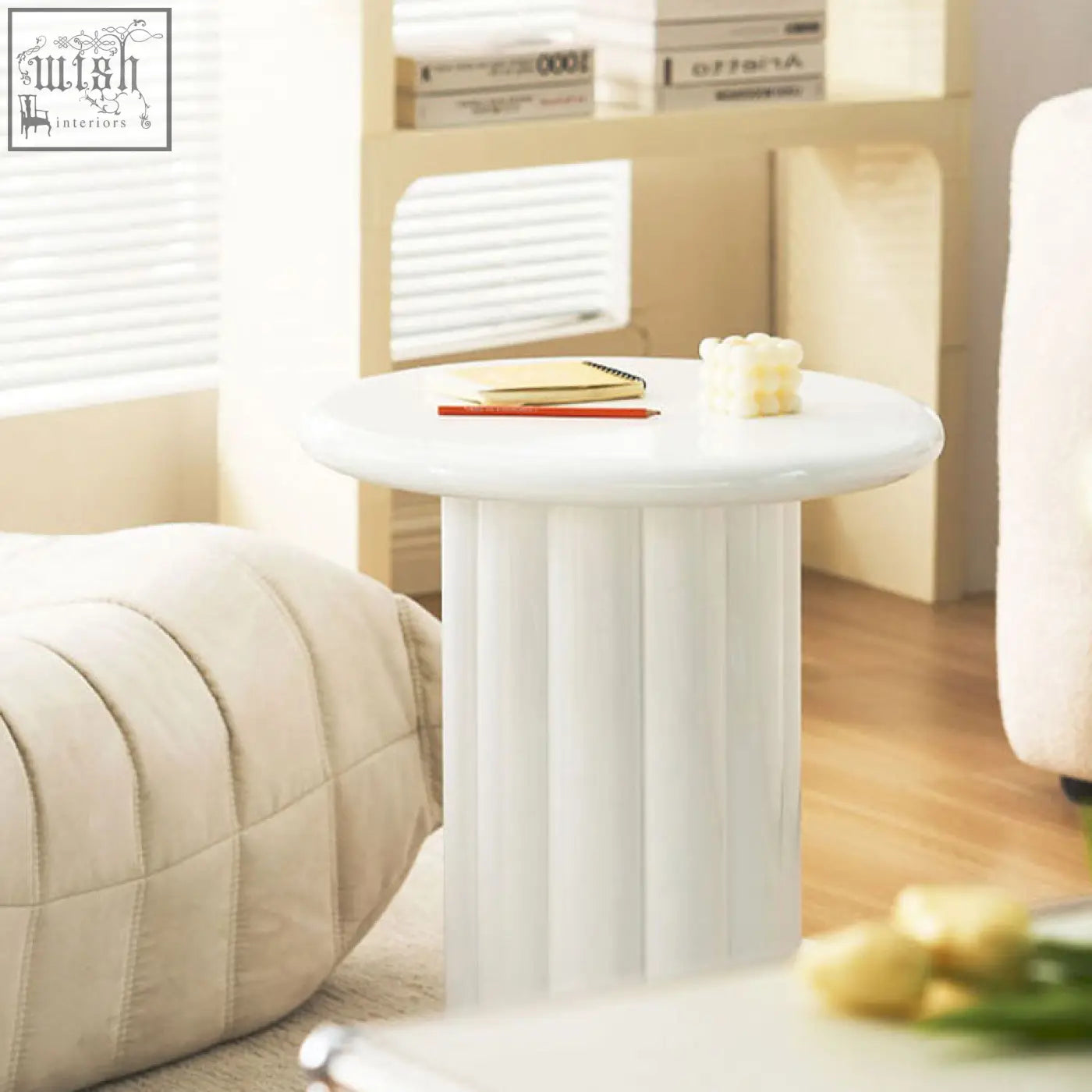White derek cylinder side table with vertical fluted columns and smooth rounded top easy to clean with damp cloth