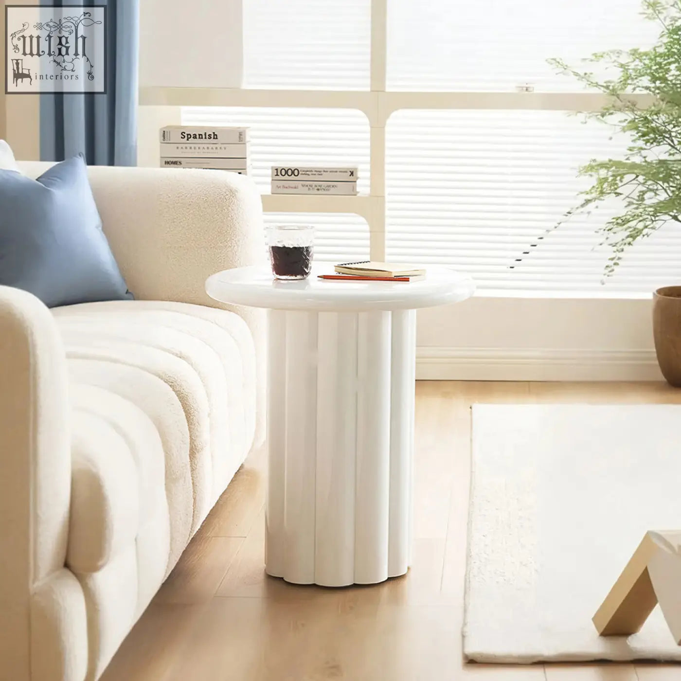 White derek cylinder side table with vertical fluted detailing easy to clean with a damp cloth