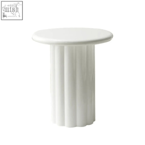 White derek cylinder side table with fluted pedestal base and smooth circular top easy to clean with damp cloth