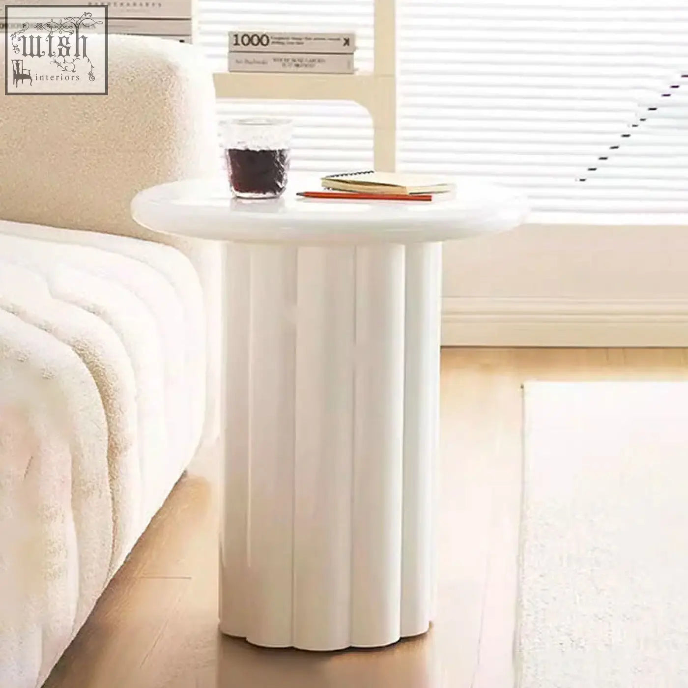 White derek cylinder side table with fluted base and smooth rounded top easy to clean with damp cloth
