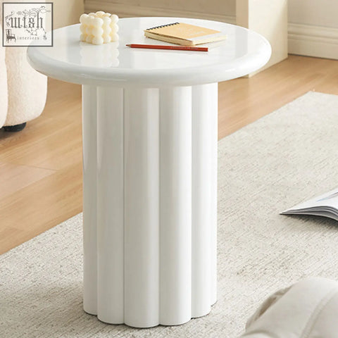 White glossy ceramic derek cylinder side table with fluted columnar base easy to clean with a damp cloth