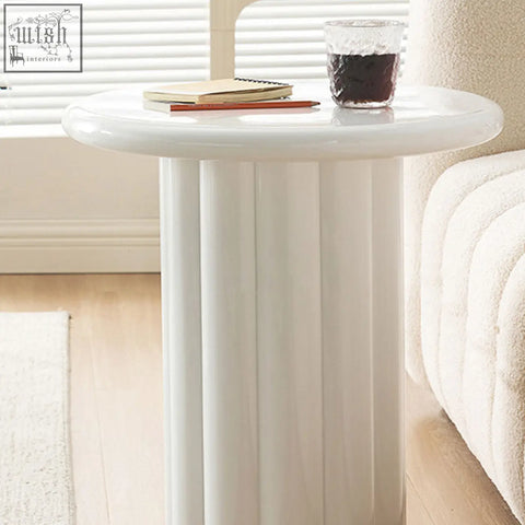 Derek cylinder side table white round with glossy finish and vertical fluted legs easy to clean with a damp cloth