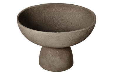 Gray textured ceramic pedestal bowl with a wide rounded opening and short base perfect as a textured grey bowl