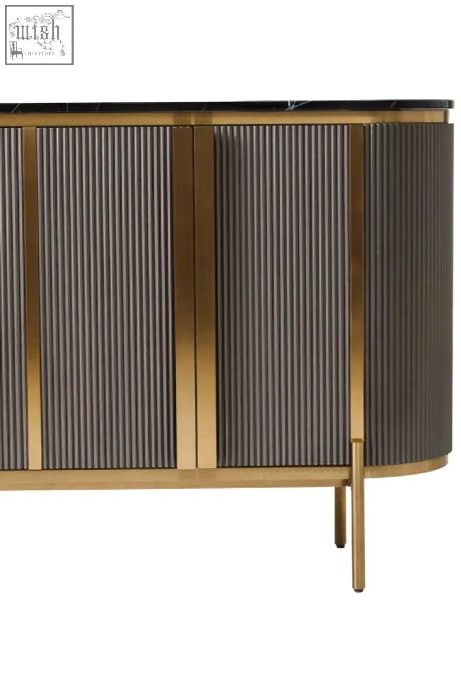 Modern grey four door sideboard with vertical ribbed doors framed in polished gold and black marble top