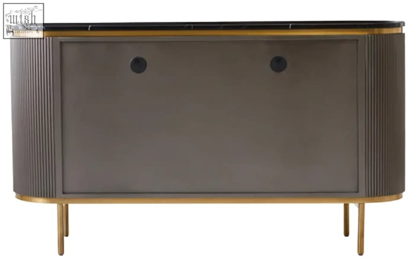Modern grey four door sideboard with black marble top and gold trim slender legs console table design