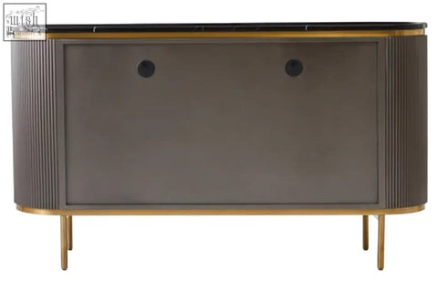 Modern grey four door sideboard with black marble top and gold trim slender legs console table design