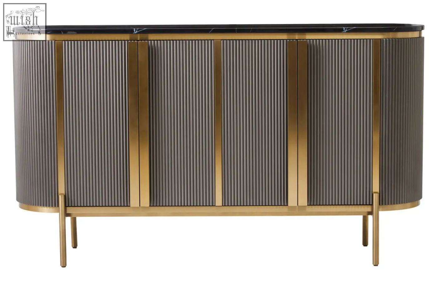 Modern dervio grey four door sideboard with sleek black marble top and gold metal frame with ribbed gray panels