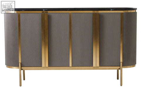 Modern dervio grey four door sideboard with sleek black marble top and gold metal frame with ribbed gray panels
