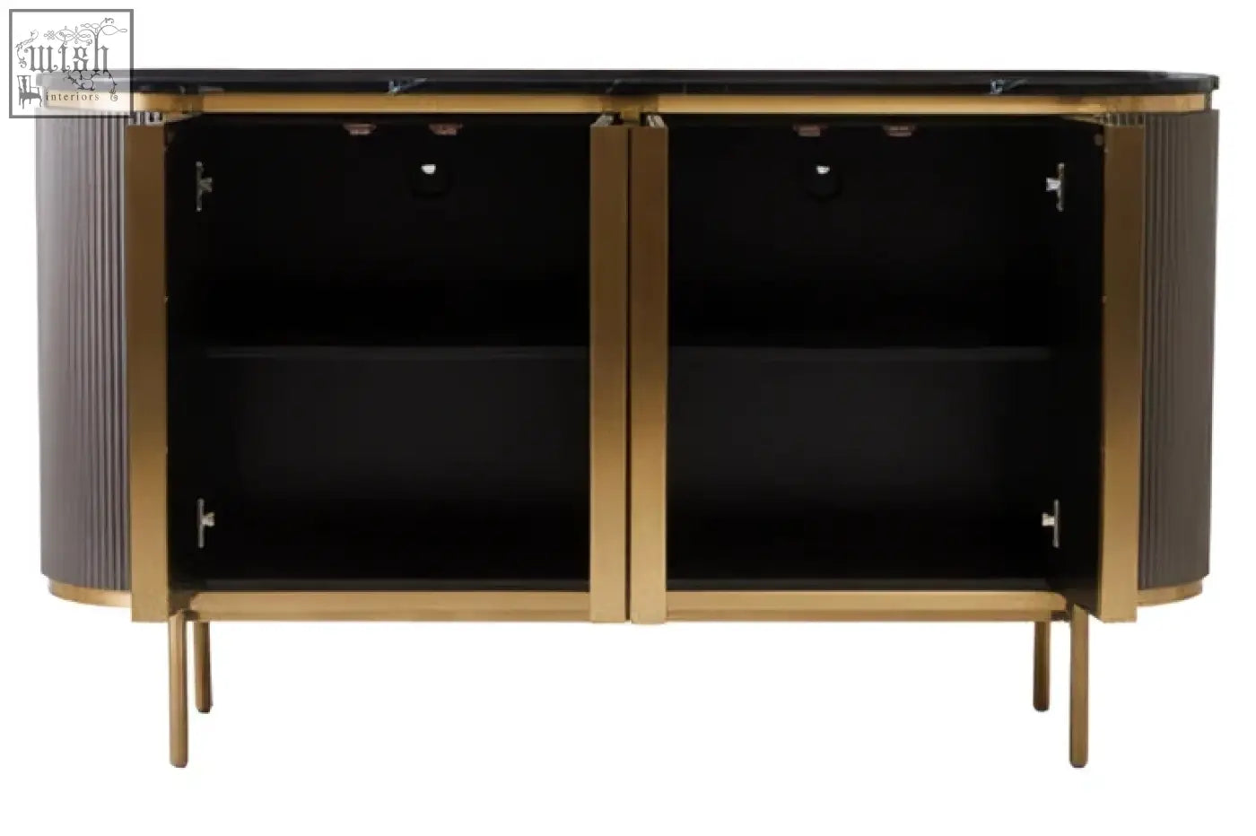 Black and gold two-door sideboard with vertical ribbed sides and black interior shelves in dervio grey four door sideboard with black marble top