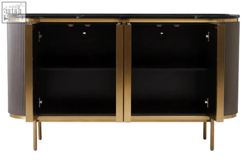 Black and gold two-door sideboard with vertical ribbed sides and black interior shelves in dervio grey four door sideboard with black marble top
